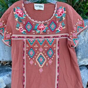 Savanna Jane Floral Embroidered Rust Top